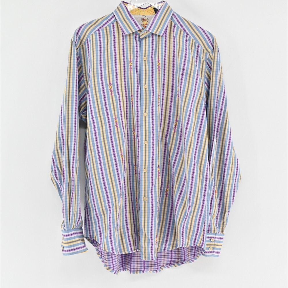 Robert Graham Striped Dress Shirt Mens Size L Purple Blue Long Sleeve Silk